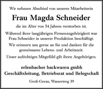 Traueranzeige von Magda Schneider von vrm-trauer