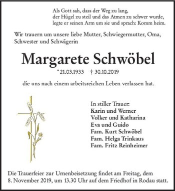 Traueranzeige von Margarete Schwöbel von vrm-trauer Traueranzeige von Margarete Schwöbel von vrm-trauer