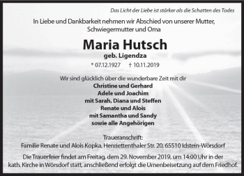 Traueranzeige von Maria Hutsch von vrm-trauer Traueranzeige von Maria Hutsch von vrm-trauer