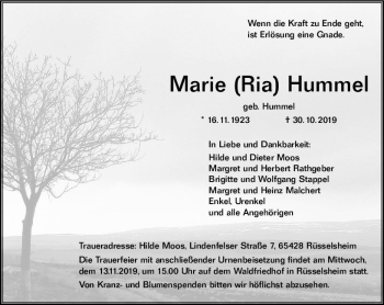 Traueranzeige von Marie  Hummel von vrm-trauer Traueranzeige von Marie  Hummel von vrm-trauer