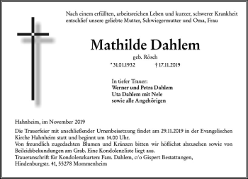 Traueranzeige von Mathilde Dahlem von vrm-trauer