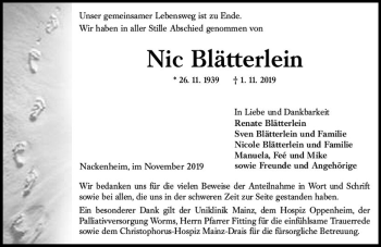 Traueranzeige von Nic Blätterlein von vrm-trauer