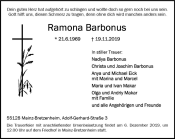 Traueranzeige von Ramona Barbonus von vrm-trauer