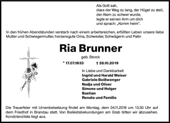 Traueranzeige von Ria Brunner von vrm-trauer Traueranzeige von Ria Brunner von vrm-trauer