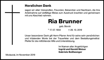 Traueranzeige von Ria Brunner von vrm-trauer Traueranzeige von Ria Brunner von vrm-trauer