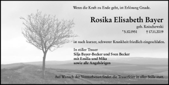 Traueranzeige von Rosika Elisabeth Bayer von vrm-trauer