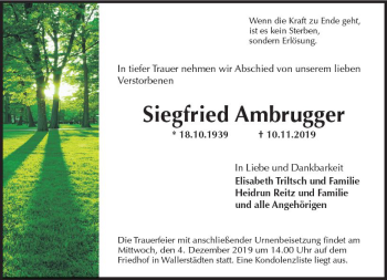 Traueranzeige von Siegfried Ambrugger von vrm-trauer Traueranzeige von Siegfried Ambrugger von vrm-trauer