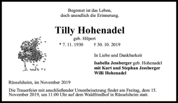 Traueranzeige von Tilly Hohenadel von vrm-trauer