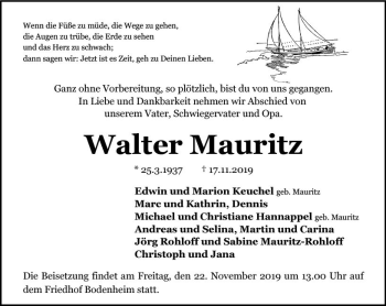 Traueranzeige von Walter Mauritz von vrm-trauer