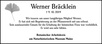 Traueranzeige von Werner Bräcklein von vrm-trauer