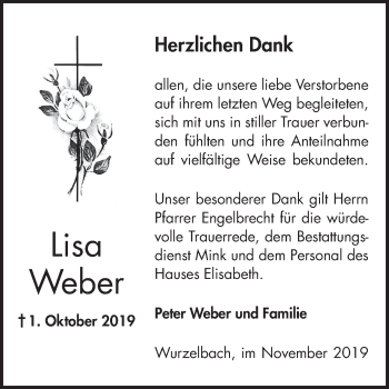 Traueranzeige von Lisa Weber von Bergsträßer Anzeiger