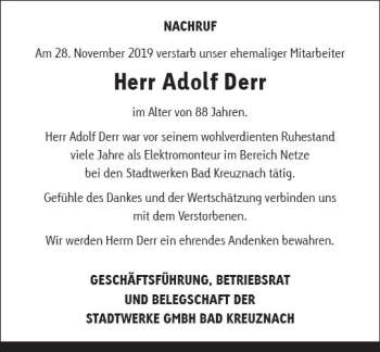 Traueranzeige von Adolf Derr von vrm-trauer