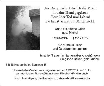 Traueranzeige von Anna Elisabetha Gries von vrm-trauer