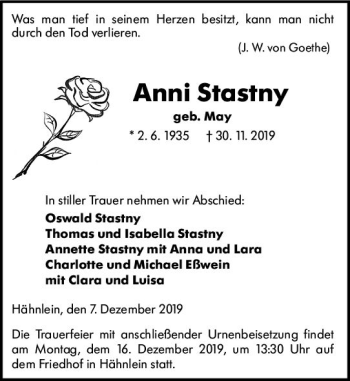 Traueranzeige von Anni Stastny von vrm-trauer