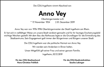 Traueranzeige von Anno Vey von vrm-trauer