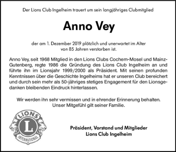 Traueranzeige von Anno Vey von vrm-trauer