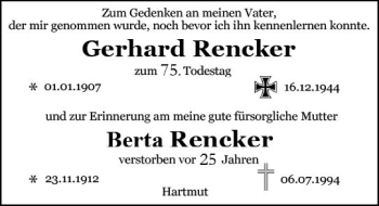 Traueranzeige von Berta Rencker von vrm-trauer