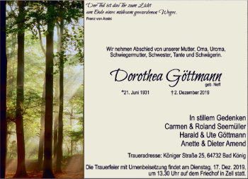 Traueranzeige von Dorothea Göttmann von vrm-trauer