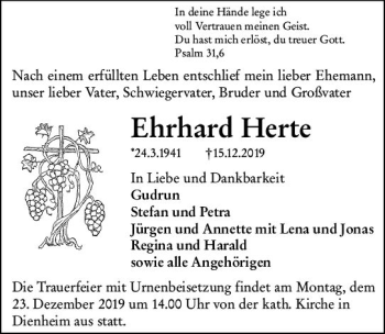Traueranzeige von Ehrhard Herte von vrm-trauer