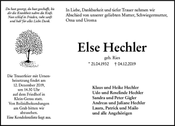 Traueranzeige von Else Hechler von vrm-trauer