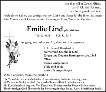 Traueranzeige von Emilie Lind von vrm-trauer