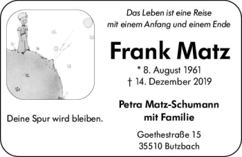 Traueranzeige von Frank Matz von vrm-trauer