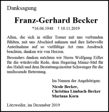 Traueranzeige von Franz-Gerhard Becker von vrm-trauer Traueranzeige von Franz-Gerhard Becker von vrm-trauer