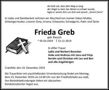 Traueranzeige von Frieda Greb von VRM Trauer