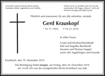 Traueranzeige von Gerd Krauskopf von  Gießener Anzeiger