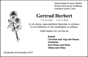 Traueranzeige von Gertrud Herbert von vrm-trauer