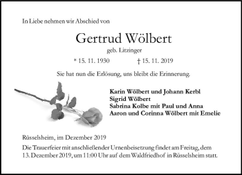 Traueranzeige von Gertrud Wölbert von vrm-trauer