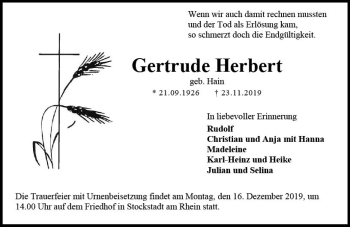 Traueranzeige von Gertrude Herbert von vrm-trauer