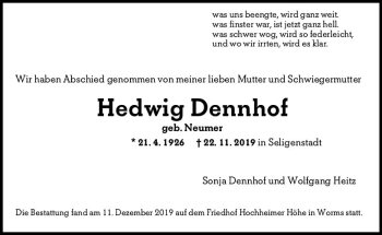 Traueranzeige von Hedwig Dennhof von vrm-trauer