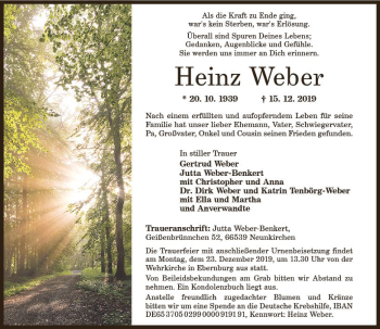 Traueranzeige von Heinz Weber von vrm-trauer