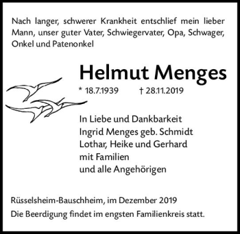 Traueranzeige von Helmut Menges von vrm-trauer