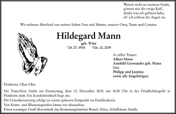 Traueranzeige von Hildegard Mann von vrm-trauer