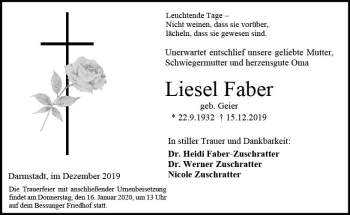 Traueranzeige von Liesel Faber von vrm-trauer