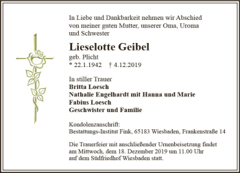 Traueranzeige von Lieselotte Geibel von vrm-trauer