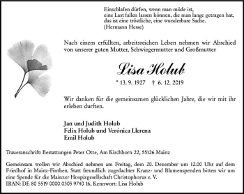 Traueranzeige von Lisa Holub von vrm-trauer