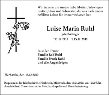 Traueranzeige von Luise Maria Ruhl von VRM Trauer