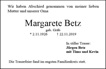 Traueranzeige von Margarete Betz von vrm-trauer