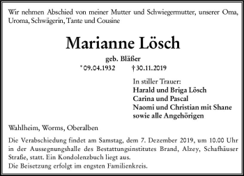 Traueranzeige von Marianne Lösch von vrm-trauer