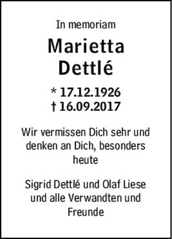 Traueranzeige von Marietta Dettlé von vrm-trauer