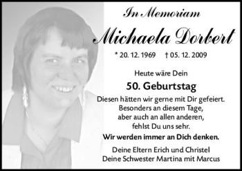 Traueranzeige von Michaela Dorbert von vrm-trauer