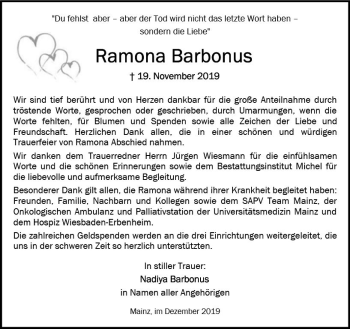 Traueranzeige von Ramona Barbonus von vrm-trauer
