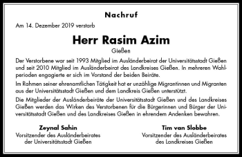 Traueranzeige von Rasim Azim von  Gießener Anzeiger