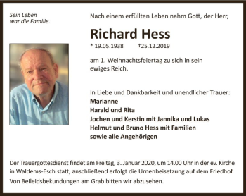 Traueranzeige von Richard Hess von vrm-trauer