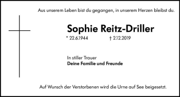 Traueranzeige von Sophie Reitz-Driller von vrm-trauer