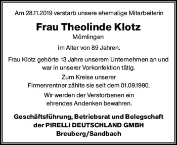 Traueranzeige von Theolinde Klotz von vrm-trauer
