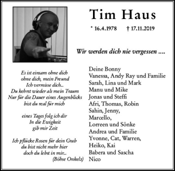 Traueranzeige von Tim Haus von vrm-trauer